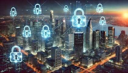A modern city skyline with interconnected digital padlocks