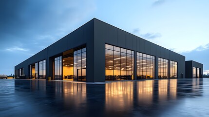 Fototapeta premium A modern industrial building with a dark gray exterior and floor-to-ceiling windows, reflecting a clear sunny day and minimalist architectural lines for a striking visual.