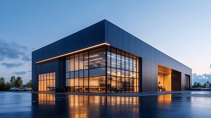 Fototapeta premium A modern industrial building with a dark gray exterior and floor-to-ceiling windows, reflecting a clear sunny day and minimalist architectural lines for a striking visual.