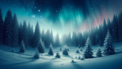 Winter landscape featuring a dense forest of snow covered pine trees under a night sky with stars