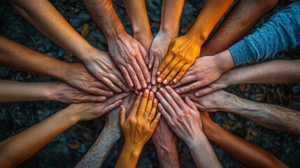 an Stack of hands joined together, symbolizing unity, teamwork, and collective effort.