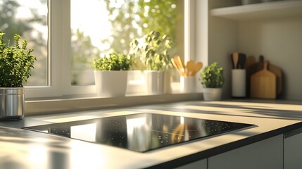 A sleek kitchen countertop with an induction cooktop and stainless steel cookware, illuminated by natural light, showcasing a hyper-realistic 3D render of contemporary design.