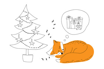The fox sleeps under the Christmas tree.