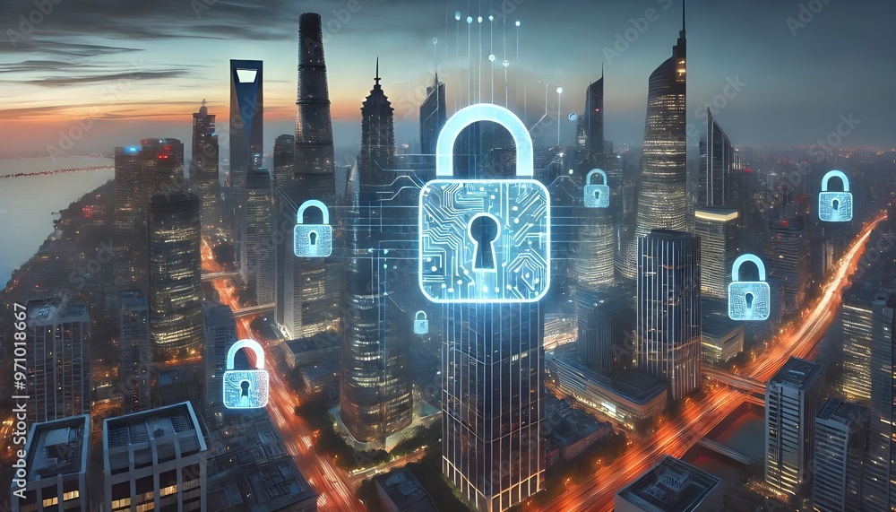 Poster a modern city skyline with interconnected digital padlocks symbolizing cybersecurity and data protec