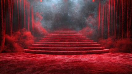 Stage podium background red light spotlight curtain theater show platform. Stage 3D background podium award cinema winner movie carpet pedestal fabric concert abstract studio dark vip empty silk club.
