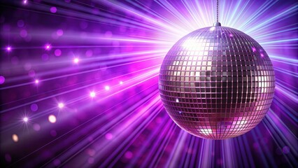Disco ball with rays on purple background for a dance party, disco ball, rays, purple background
