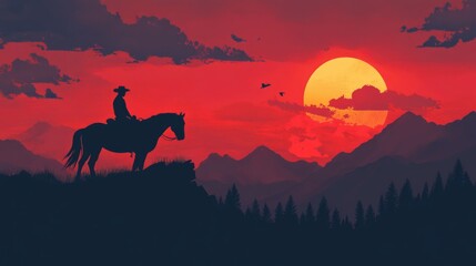 Fototapeta premium Cowboy And Horse On Mountain Watching Sunset Rider And Stallion Admiring Vibrant Red Sky And Clouds Silhouettes In Wild Nature