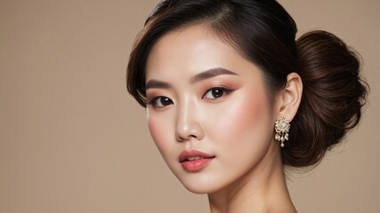 Fototapeta premium アジア風メイクが際立つ美しい女性が、ベージュの背景で豪華な魅力を放つポートレート。生成AI