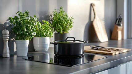 A modern kitchen interior featuring an induction cooktop, a black cooking pot, and stainless steel appliances, all under soft natural lighting for a contemporary look.