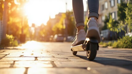 Spring urban commute: person riding electric scooter on sunlit street for eco-friendly travel