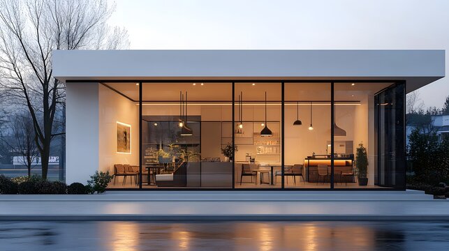 A modern storefront with large glass windows and warm interior lighting, creating a cozy cafe atmosphere, captured in soft focus for an inviting urban setting.