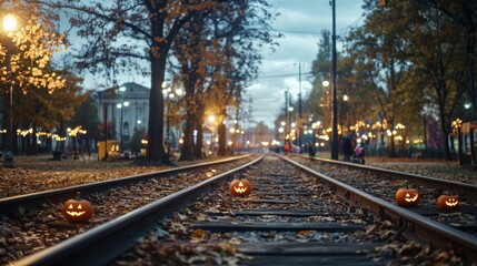 Fototapeta premium Halloween carnival at an abandoned train station spooky lights flickering