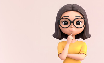Digital illustration of a woman wearing glasses, with a thinking pose, displaying intelligence and curiosity on a soft background.
