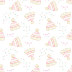 Watercolor seamless pattern with winter hats, garlands and bows on a white background. Cute Christmas illustration in pastel colors for textiles and wrapping paper