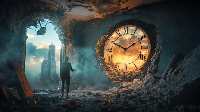 A huge clock, partially destroyed, symbolizes the steadfastness of time in the midst of chaos. A lone human figure walks through a broken landscape.