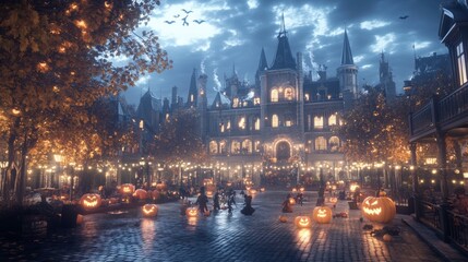 Obraz premium Halloween carnival in front of a crumbling stone castle glowing pumpkins lighting the courtyard