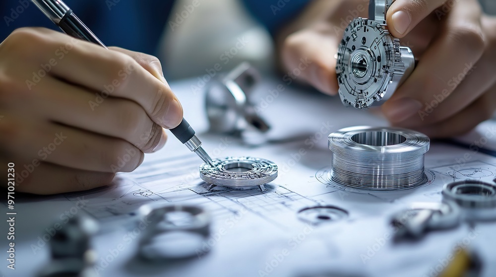 Poster engineers designing intricate parts with exacting tolerances.