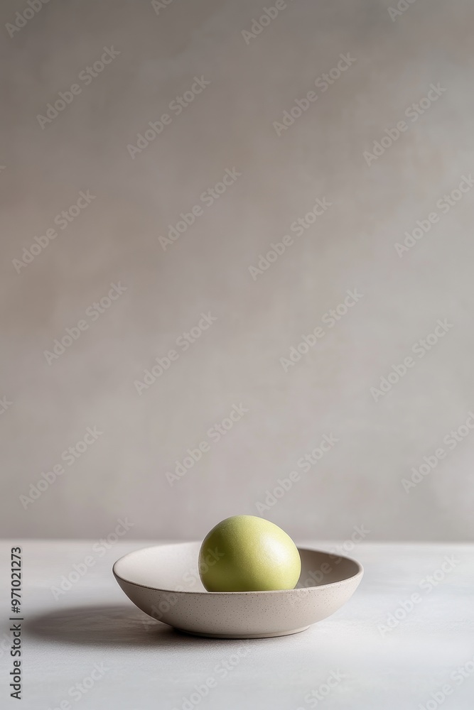 Poster a minimalist image featuring a single green apple on a simple plate against a soft background.