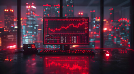 Red Stock Chart Displayed on a Computer Screen with City Lights Background - 3D Illustration