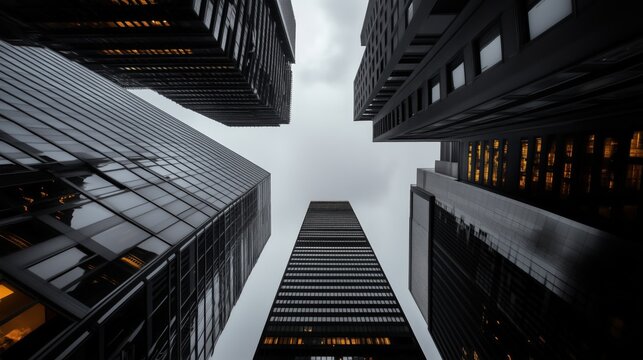 Fototapeta Urban architecture in black and white: dramatic perspective of modern skyscrapers for design projects