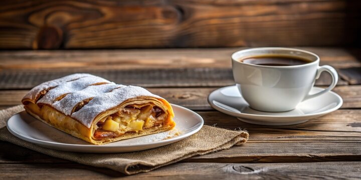 Coffee cup and apple strudel on rustic wooden table, coffee, cup, apple, strudel, dessert, pastry, food, sweet, bakery