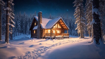 Fototapeta premium A cozy, snow-covered log cabin in the woods, illuminated by warm glowing lights. The peaceful winter night sky adds to the serene and inviting atmosphere, perfect for holiday or winter-themed designs.