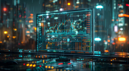 Digital Cityscape with Stock Market Data on a Futuristic Laptop Screen - 3D Illustration