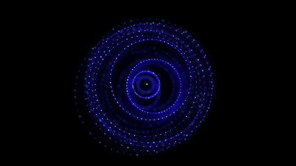 Abstract blue sphere on black background. Wireframe circle structure with glowing particles. Futuristic digital illustration. 3D rendering.