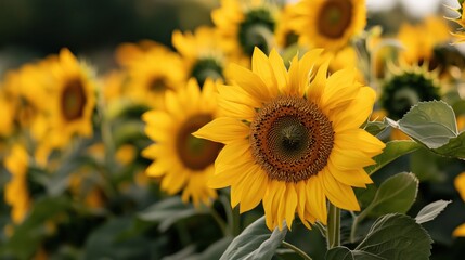 Fototapeta premium Vibrant sunflower field in bloom: a captivating spring landscape for nature enthusiasts