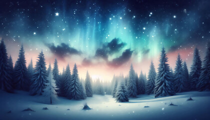 Winter landscape featuring a dense forest of snow covered pine trees under a night sky with stars