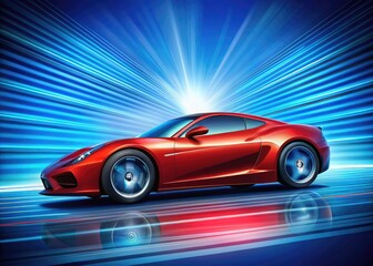 Colorful illustration of a sleek, red sports car speeding away, leaving a trail of motion lines, set against a bright blue background with subtle gradient effects.