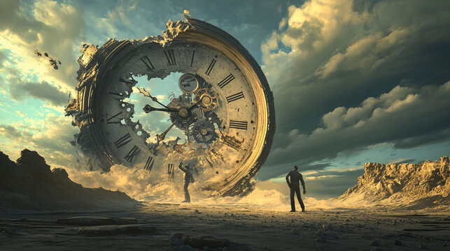 The huge clock in the time tunnel symbolizes the endless flow of time. The stone walls are wrapped in light, creating a feeling of movement through the ages.