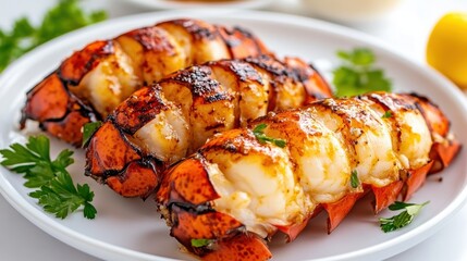 Mouthwatering Grilled Seafood and Meats on Plate with Garnish and Vegetables