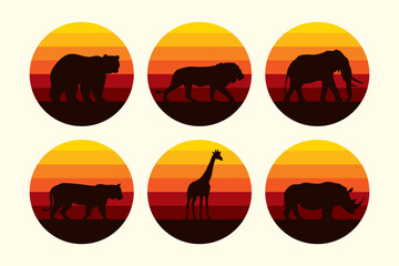 Vector set of animals on retro sunset background.