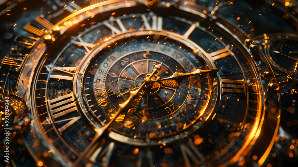 Poster a clock face created from interconnected cosmic constellations, representing the vast and timeless n