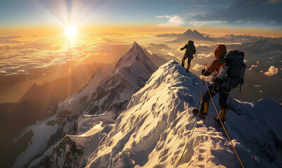 Fototapeta premium The silhouette of many people climbing the snowy mountain in the sunshine
