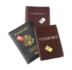 Obraz premium Passports and SIM cards isolated on white, top view