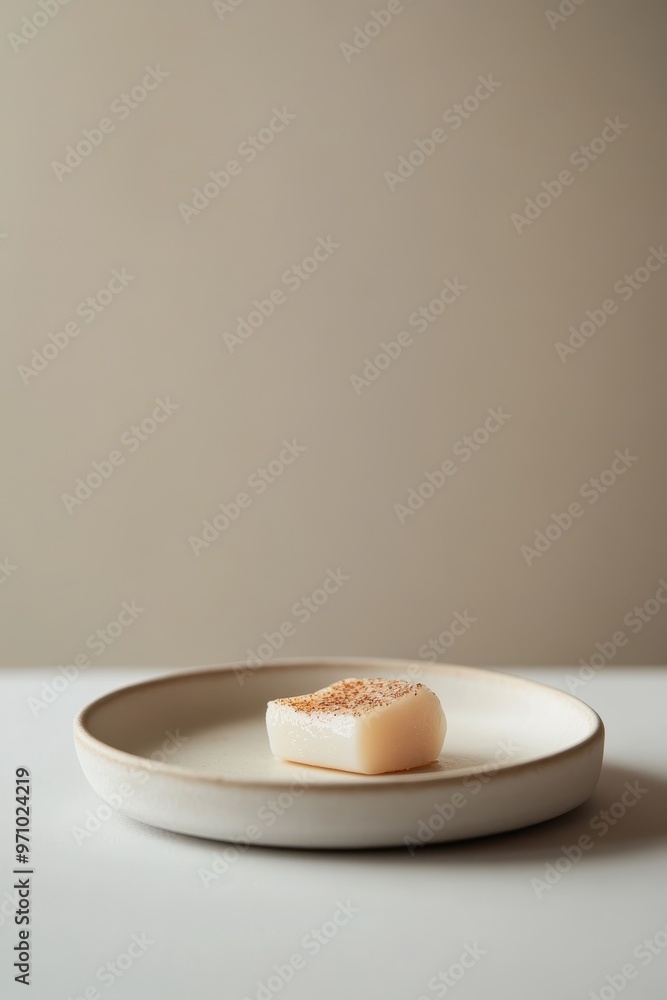 Poster a minimalist plate featuring a single piece of soap, emphasizing simplicity and cleanliness.