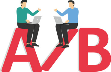 Software engineer and users sitting on alphabets A and B for testing. AB testing, market research to split user to test for user experience for website or application.

