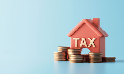Tax related concepts are visually represented with house model and stacks of coins, symbolizing housing finance and taxes. This illustration conveys importance of understanding taxes in home ownership