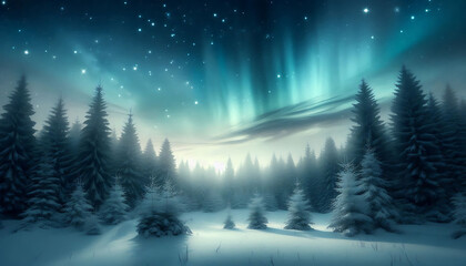 Winter landscape featuring a dense forest of snow covered pine trees under a night sky with stars