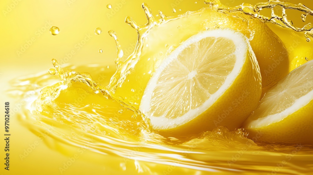 Poster a lemon splashing into a pool of yellow juice.