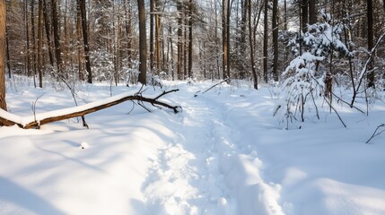 Winter wonderland: snow-covered forest path in tranquil woodland scenery