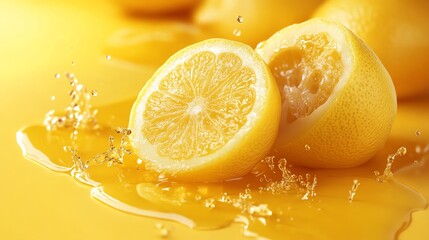 A sliced lemon with juice splashing around it.