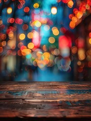 Wooden tabletop, colorful blurred street decor, bright and vibrant, ample copy space, festive and lively atmosphere