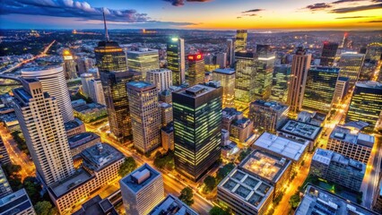 Obraz premium Aerial view of city buildings illuminated at dusk, cityscape, aerial, skyline, buildings, lights, evening