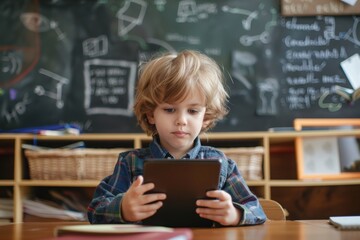 School child with tablet in school classroom. Pupil in class using digital tablet. Portrait of Pupil of primary school study indoors. Kids Science education concept