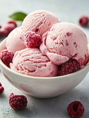 Delicious Raspberry Ice Cream Scoops in a White Bowl with Fresh Raspberries on a Light Background