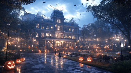 Fototapeta premium Halloween fair at an abandoned castle glowing jack-o-lanterns in the courtyard