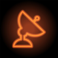 Satellite dish simple icon. Flat design. Orange neon on black background
